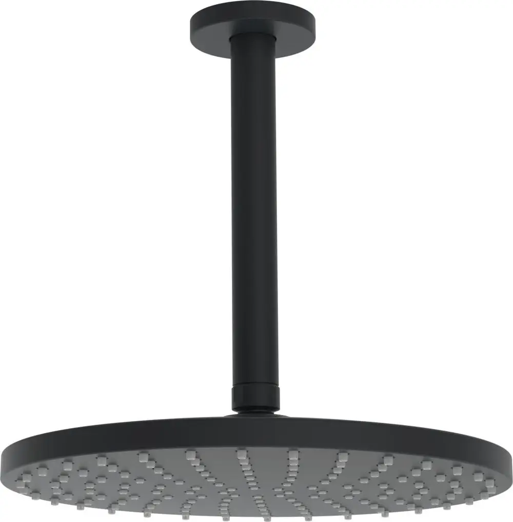 Wandmontierte Kopfbrause in Matt-Schwarz von HANSA, mit runder, flacher Oberfläche und gleichmäßigen Wasserauslässen.